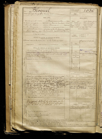 Bloquel, Georges Auguste Louis, né le 27 avril 1885 à Beaurainville (Pas-de-Calais), classe 1905, matricule n° 1036, Bureau de recrutement d'Amiens