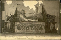 Carte postale intitulée "Albert (Somme). Intérieur de l'église provisoire Notre-Dame de Brebières. Le monument des soldats recommandés à Notre-Dame". Souvenir d'un pélerinage de Louis Paillart à Albert