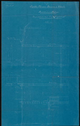 Propriété de Monsieur Charles Lauzanne à Abbeville. Projet de reconstruction d'un bâtiment : commerce de quincaillerie - chaudronnerie surmonté d'un logement d'habitation. Coupe verticale dans l'axe longitudinal, commande n° 145, plan n° 188