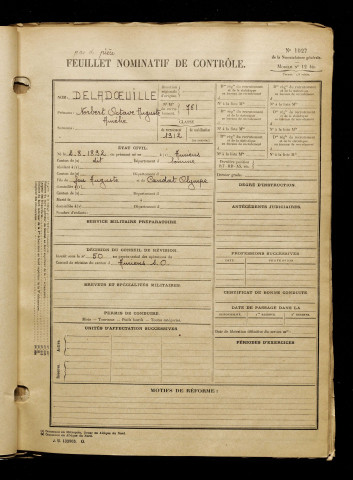 Deladoeuille, Norbert Octave Auguste Amélie, né le 02 août 1892 à Amiens (Somme), classe 1912, matricule n° 761, Bureau de recrutement d'Amiens