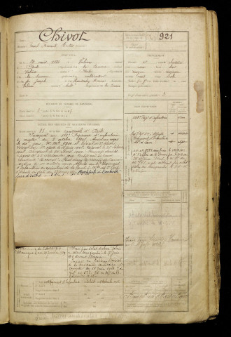 Chivot, Raoul Fernand Hector, né le 24 août 1886 à Valines (Somme), classe 1906, matricule n° 921, Bureau de recrutement d'Abbeville