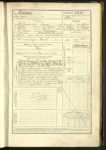 Noiseau, Eugène , né le 28 décembre 1862 à Mézières (Somme, France), classe 1882, matricule n° 158, Bureau de recrutement de Péronne