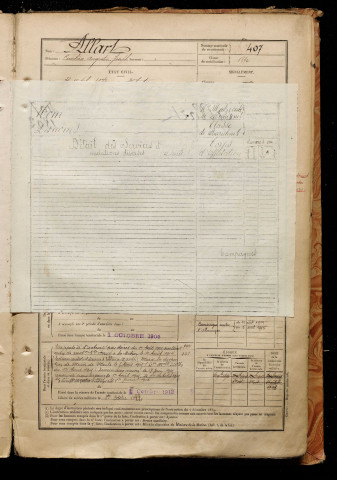 Allart, Emilien Augustin Joseph, né le 31 octobre 1872 à Hébuterne (Pas-de-Calais), classe 1892, matricule n° 407, Bureau de recrutement de Péronne