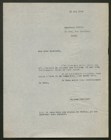 Témoignage de Pétrus (Sergent téléphoniste) et correspondance avec Jacques Péricard