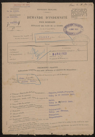 Cléry-sur-Somme. Demande d'indemnisation des dommages de guerre : dossier Flon-Boitel