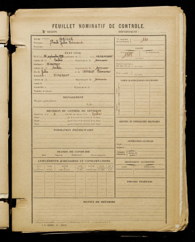 Baille, Paul Jules Edouard, né le 15 septembre 1898 à Hénencourt (Somme), classe 1918, matricule n° 160, Bureau de recrutement d'Amiens