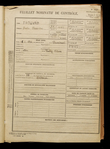 Trouvain, Charles Alexandre, né le 16 février 1893 à Boussicourt (Somme), classe 1913, matricule n° 1025, Bureau de recrutement de Péronne