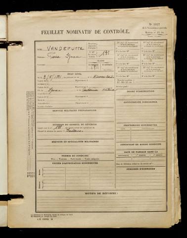 Vandeputte, Pierre Ignace, né le 09 mai 1891 à Armentières (Nord), classe 1911, matricule n° 131, Bureau de recrutement d'Abbeville