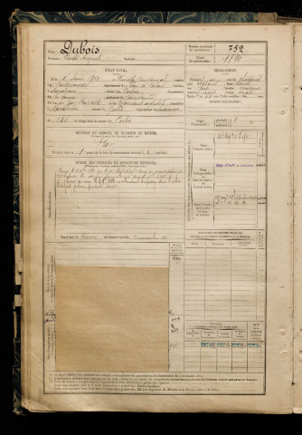 Dubois, Charles Auguste, né le 15 août 1871 à Neuville-Bourjonval (Pas-de-Calais), classe 1891, matricule n° 752, Bureau de recrutement d'Amiens