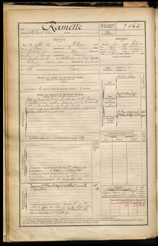 Ramette, Jules Léopold Sylvain, né le 31 juillet 1865 à Matigny (Somme), classe 1885, matricule n° 1062, Bureau de recrutement de Péronne