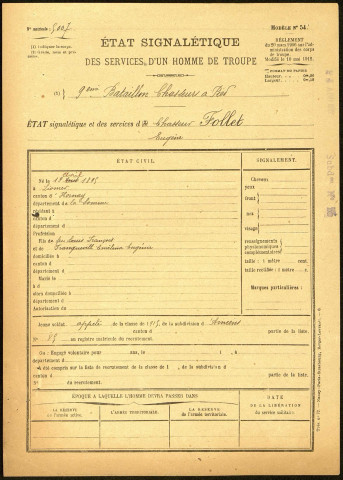 Follet, Eugène, né le 19 avril 1895 à Liomer (Somme), classe 1915, matricule n° 85, Bureau de recrutement d'Amiens