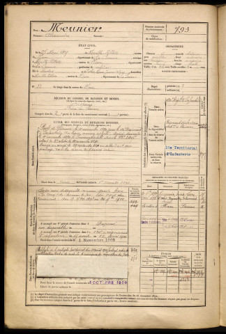 Meunier, Alexandre, né le 27 mai 1869 à Ham (Somme), classe 1889, matricule n° 793, Bureau de recrutement de Péronne