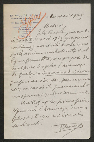 Témoignage de Delaunay, Paul (Médecin) et correspondance avec Jacques Péricard