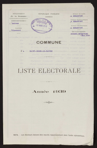 Liste électorale : Saint-Léger-sur-Bresle (Saint-Léger-Le-Pauvre)