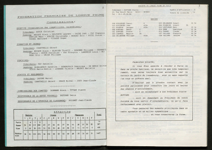 Opuscule (année 1991). Fédération française de Longue Paume : liste des sociétés, classement des joueurs et calendrier