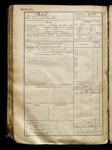 Petit, Marcel Albert Ernest, né le 10 mai 1899 à Warloy-Baillon (Somme), classe 1919, matricule n° 458, Bureau de recrutement d'Amiens