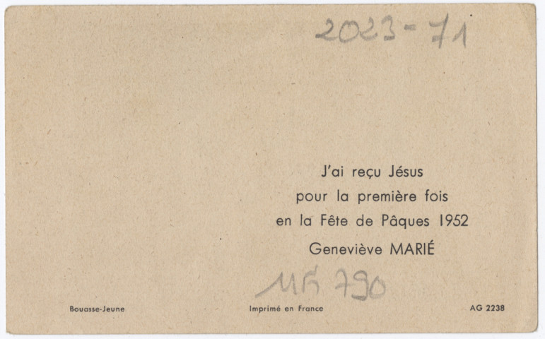 Il fait tomber la neige comme des flocons de laine (psaume 147). j'ai reçu Jésus pour la première fois en la fête de Pâques 1952, Geneviève Marié
