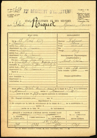 Niquet, Marius Marceau, né le 18 avril 1889 à Amiens (Somme), classe 1909, matricule n° 1270, Bureau de recrutement d'Amiens