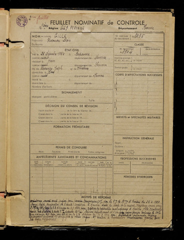 Gille, Alexandre Léon, né le 23 décembre 1884 à Bapaume (Pas-de-Calais), classe 1904, matricule n° 1095, Bureau de recrutement de Péronne