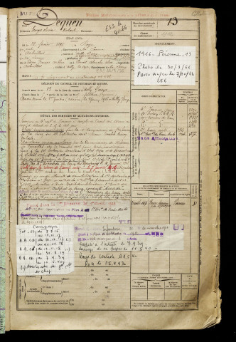 Dequen, Georges Olivier Robert, né le 22 janvier 1896 à Roye (Somme), classe 1916, matricule n° 13, Bureau de recrutement de Péronne