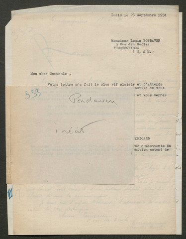 Témoignage de Pondaven, Louis et correspondance avec Jacques Péricard