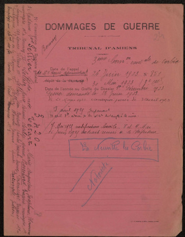 Corbie. Demande d'indemnisation des dommages de guerre : dossier Sellier-Tétart