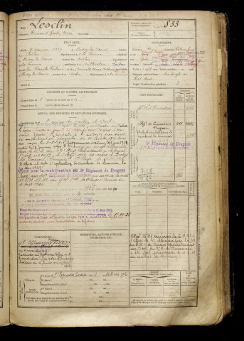 Lesclin, Fernand Gaston Oscar, né le 07 janvier 1889 à Bussy-lès-Daours (Somme), classe 1909, matricule n° 833, Bureau de recrutement d'Amiens