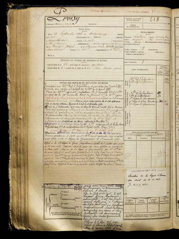 Proisy, Maurice Joseph, né le 11 septembre 1896 à Marcoing (Nord), classe 1916, matricule n° 218, Bureau de recrutement de Péronne