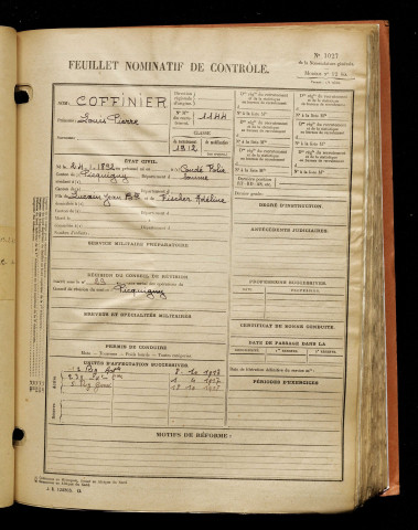 Coffinier, Louis Pierre, né le 24 janvier 1892 à Condé-Folie (Somme), classe 1912, matricule n° 1144, Bureau de recrutement d'Amiens