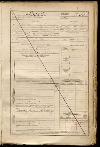 Lagache, Jean Louis Alberic Alfred, né le 09 avril 1866 à Bouchavesnes-Bergen (Somme), classe 1886, matricule n° 463, Bureau de recrutement de Péronne