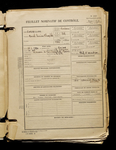 Corbillon, Marcel Lucien Théophile, né le 28 février 1890 à Amiens (Somme), classe 1910, matricule n° 757, Bureau de recrutement d'Amiens