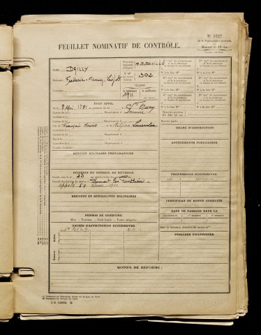 Dailly, Fréderic Firmin Léopold, né le 08 mai 1891 à Saint-Ouen (Somme), classe 1911, matricule n° 302, Bureau de recrutement d'Abbeville