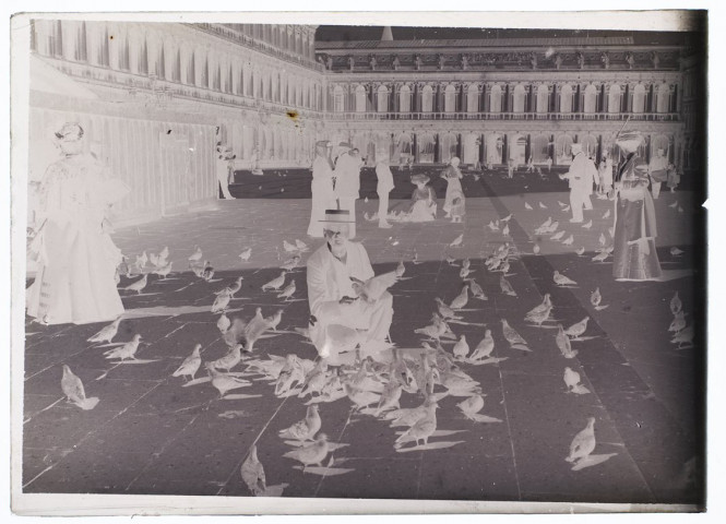 [Venise : touristes et badauds parmi les pigeons sur la place Saint-Marc (Piazza San Marco)]
