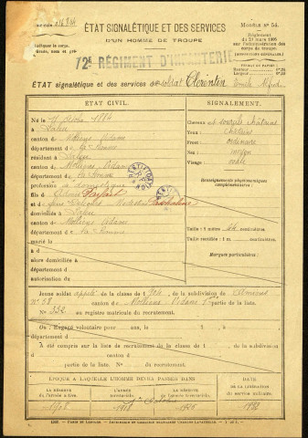 Clérentin, Emile Alfred, né le 11 octobre 1884 à Saleux (Somme), classe 1904, matricule n° 332, Bureau de recrutement d'Amiens