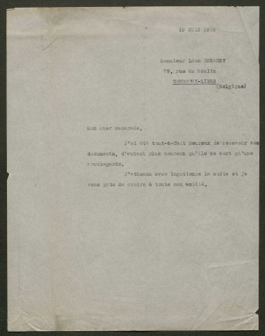 Témoignage de Debarsy, Léon (Président de la Fraternelle des Garnisons de Guerre des Forts de Liège en 1914 et correspondance avec Jacques Péricard