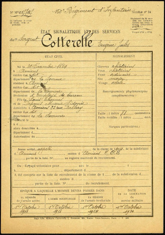 Cotterelle, Eugène Jules, né le 31 décembre 1884 à Amiens (Somme), classe 1904, matricule n° 867, Bureau de recrutement d'Amiens
