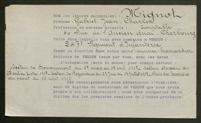Témoignage de Mignot, Gabriel (Musicien brancardier) et correspondance avec Jacques Péricard