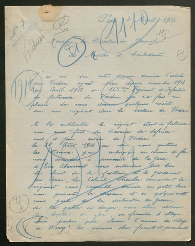 Témoignage de Marcenne, Louis (Sergent) et correspondance avec Jacques Péricard
