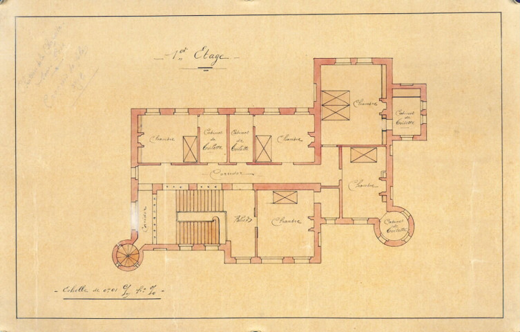 Château de M. de Brandt : plan du premier étage par l'architecte Delefortrie