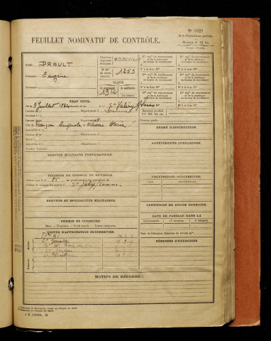 Drault, Eugène, né le 09 juillet 1892 à Saint-Valery-sur-Somme (Somme), classe 1912, matricule n° 1253, Bureau de recrutement d'Abbeville