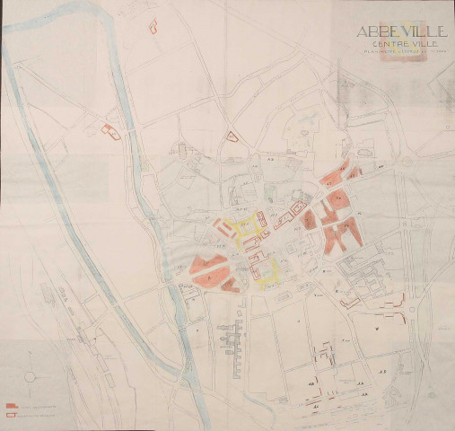 Plan de reconstruction de la ville d'Abbeville par îlots, sur fond de plan du service topographique de la ville