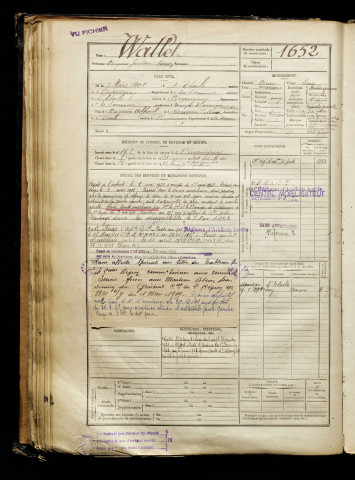 Wallet, Origène Gustave Simon, né le 03 mars 1901 à Étoile (L') (Somme), classe 1921, matricule n° 1652, Bureau de recrutement d'Amiens