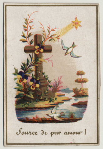 Source de pur amour. Une croix entourée de fleurs