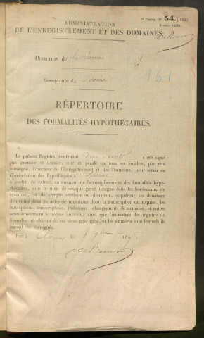 Répertoire des formalités hypothécaires, du 26/03/1856 au 17/07/1856, registre n° 161 (Péronne)