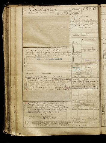 Constantin, Ernest Julien, né le 13 janvier 1885 à Asnières-sur-Seine (Hauts-de-Seine), classe 1905, matricule n° 1330, Bureau de recrutement d'Amiens