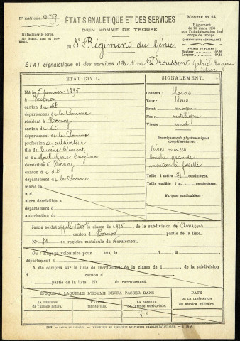 Droussent, Gabriel Eugène Octave, né le 05 janvier 1895 à Hornoy-le-Bourg (Somme), classe 1915, matricule n° 81, Bureau de recrutement d'Amiens