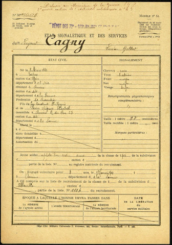 Cagny, Lucien Gilbert, né le 8 mars 1885 à Esches (Oise), classe 1905, matricule n° 1104, Bureau de recrutement d'Abbeville