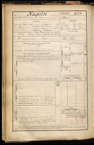 Haquin, Fernand Jules Oscar, né le 30 janvier 1865 à Crémery (Somme), classe 1885, matricule n° 264, Bureau de recrutement de Péronne