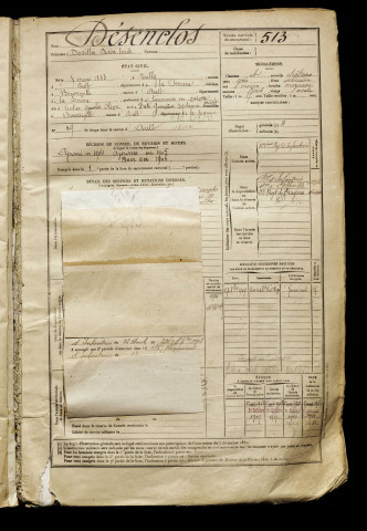 Désenclos, Dosithé Désiré Emile, né le 05 mars 1883 à Tully (Somme), classe 1903, matricule n° 513, Bureau de recrutement d'Abbeville