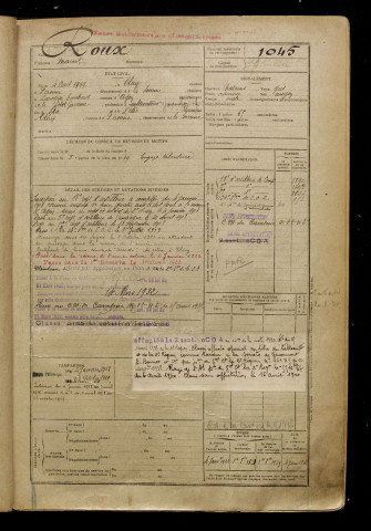 Roux, Marcel, né le 04 août 1899 à Cléry-sur-Somme (Somme), classe 1919, matricule n° 1045, Bureau de recrutement de Péronne